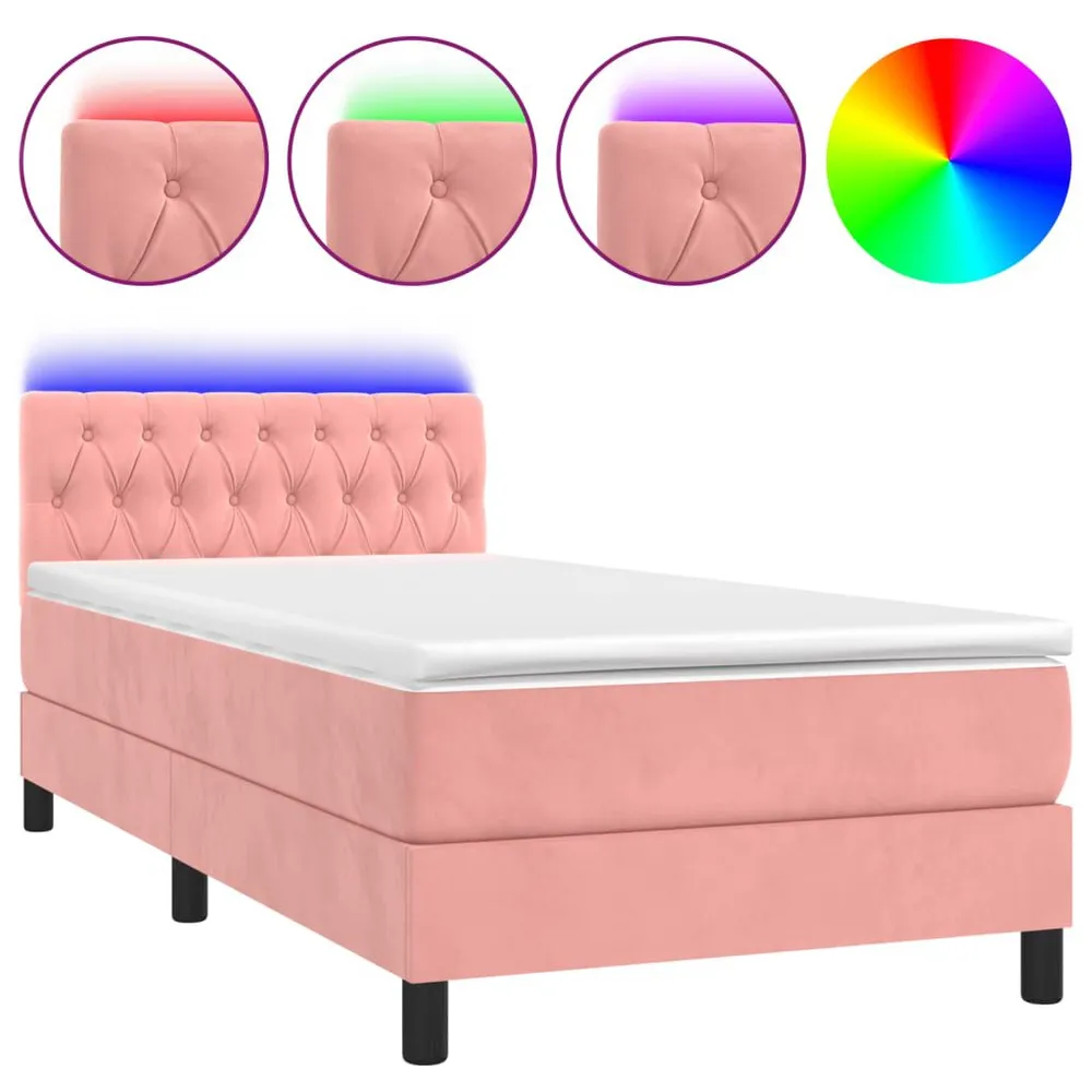 Cama box spring com colchão/LED 100x200 cm veludo rosa