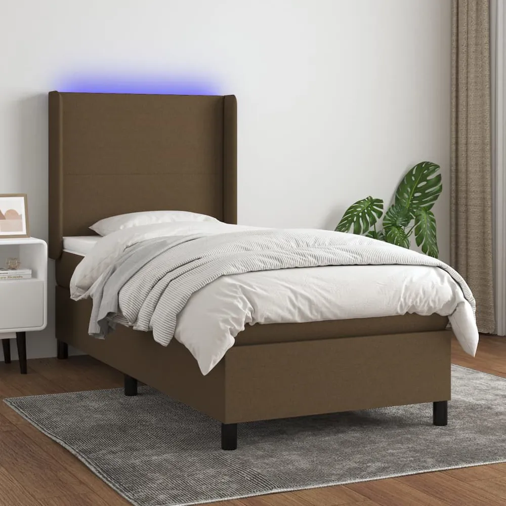 Cama box spring com colchão/LED 100x200cm tecido castanho-escuro