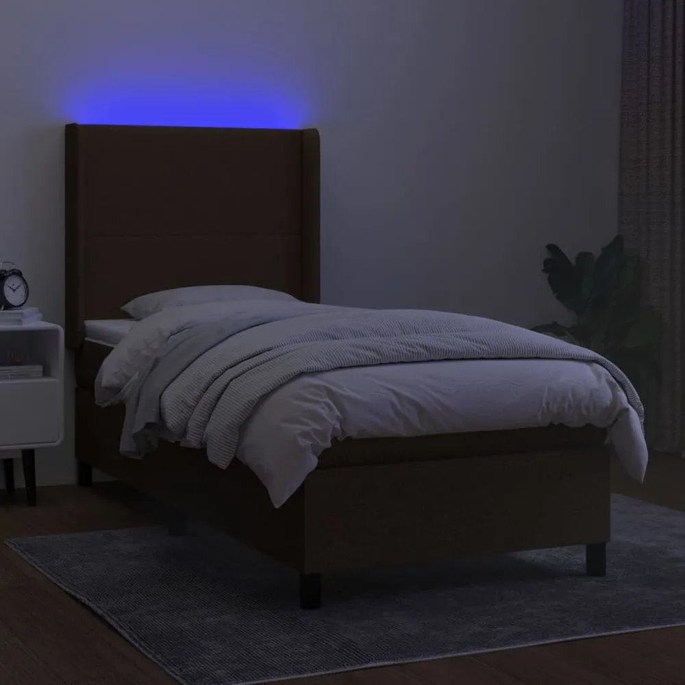 Cama box spring com colchão/LED 100x200cm tecido castanho-escuro