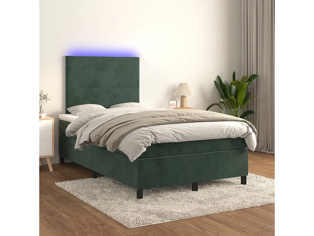 Cama box spring com colchão/LED 120x200 cm veludo verde-escuro