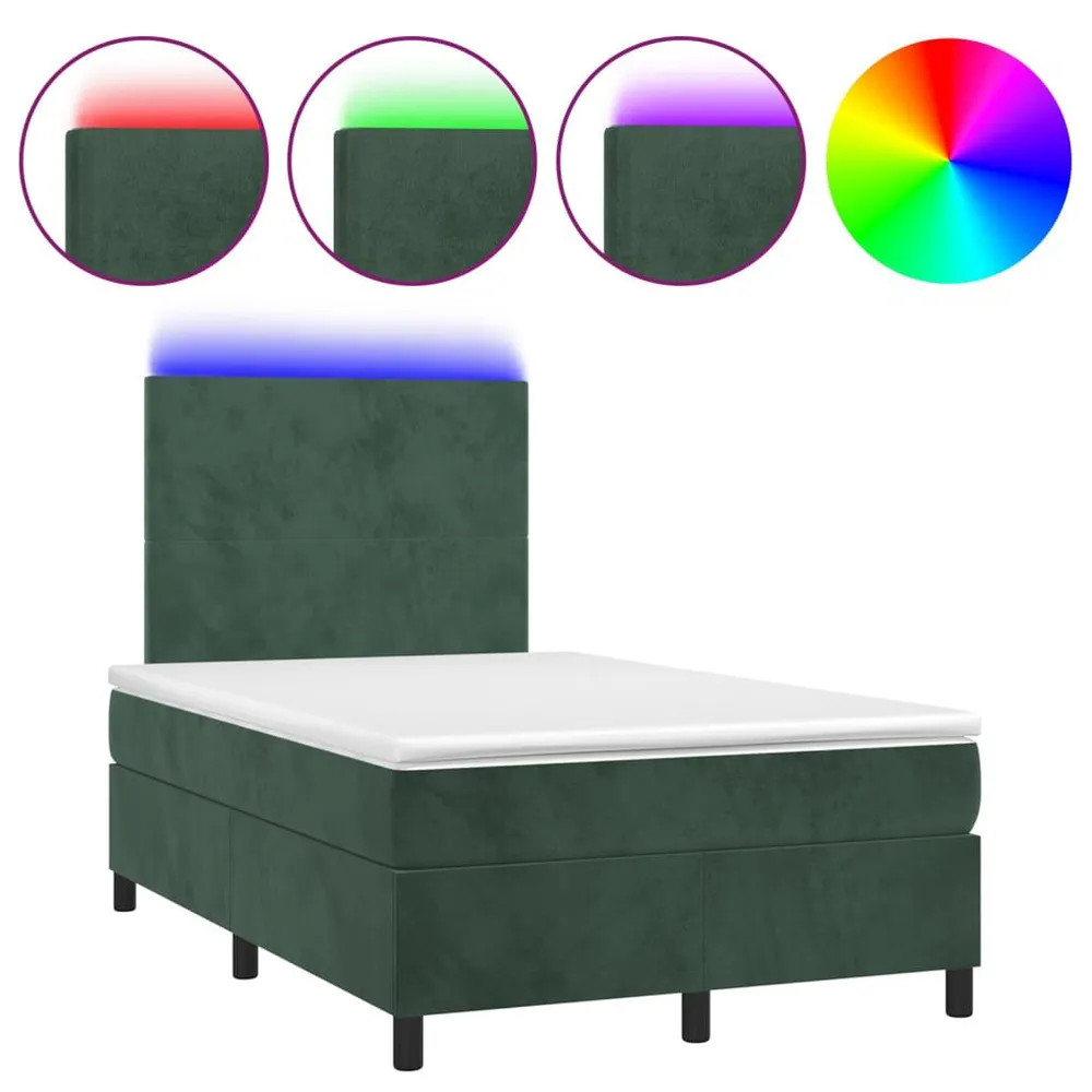 Cama box spring com colchão/LED 120x200 cm veludo verde-escuro