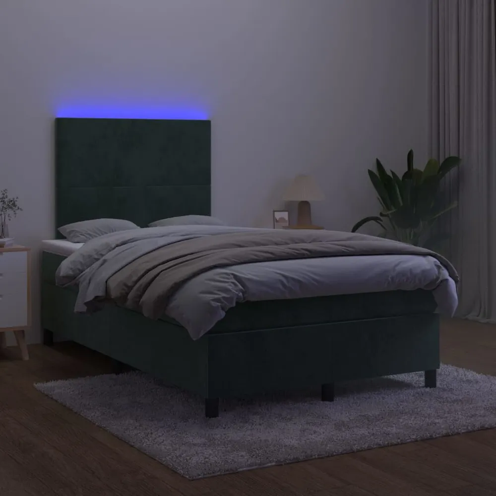Cama box spring com colchão/LED 120x200 cm veludo verde-escuro