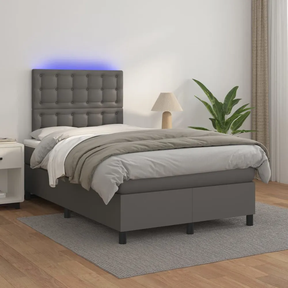 Cama box spring com colchão/LED 120x200cm couro artificial cinza