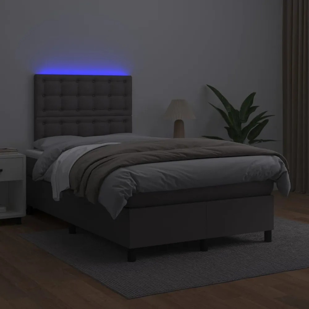 Cama box spring com colchão/LED 120x200cm couro artificial cinza