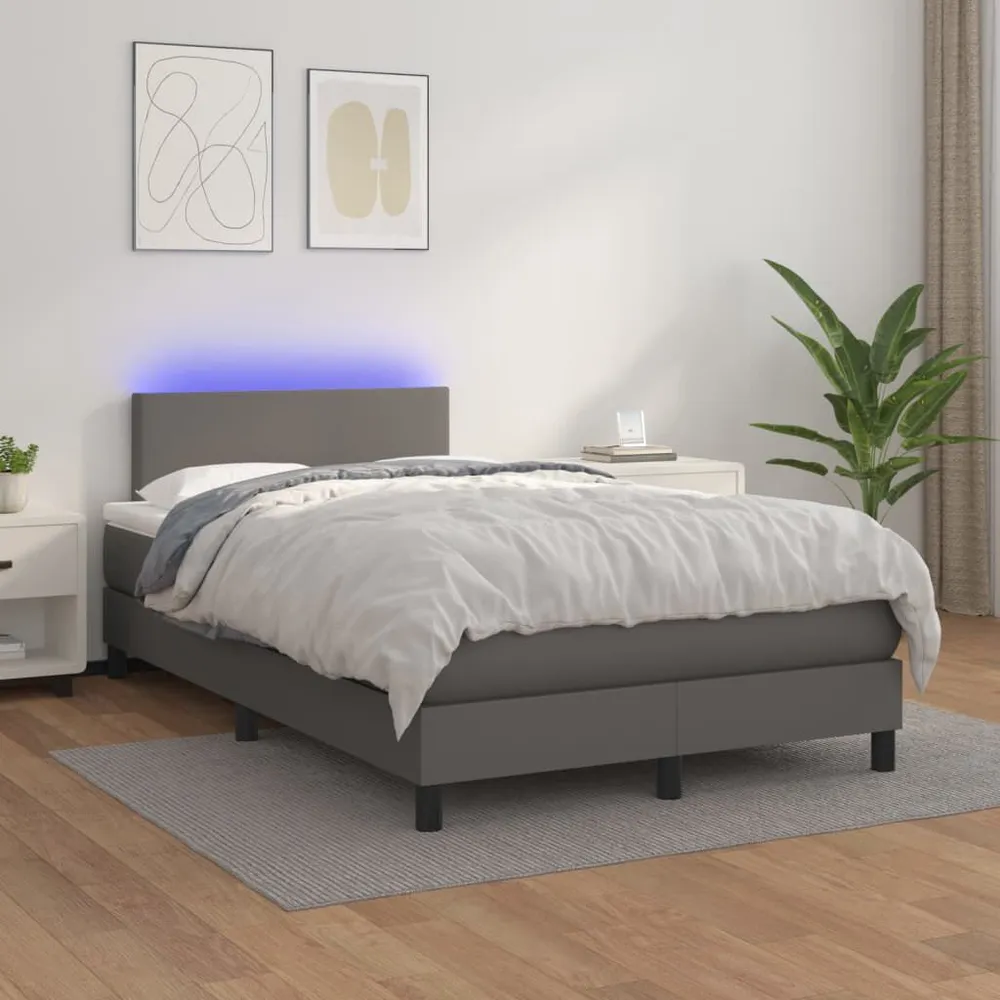 Cama box spring com colchão/LED 120x200cm couro artificial cinza