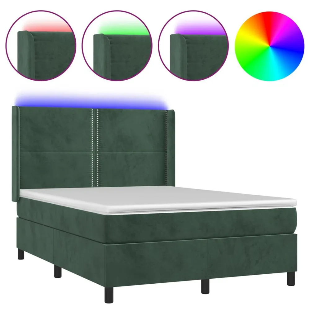 Cama box spring com colchão/LED 140x190 cm veludo verde-escuro