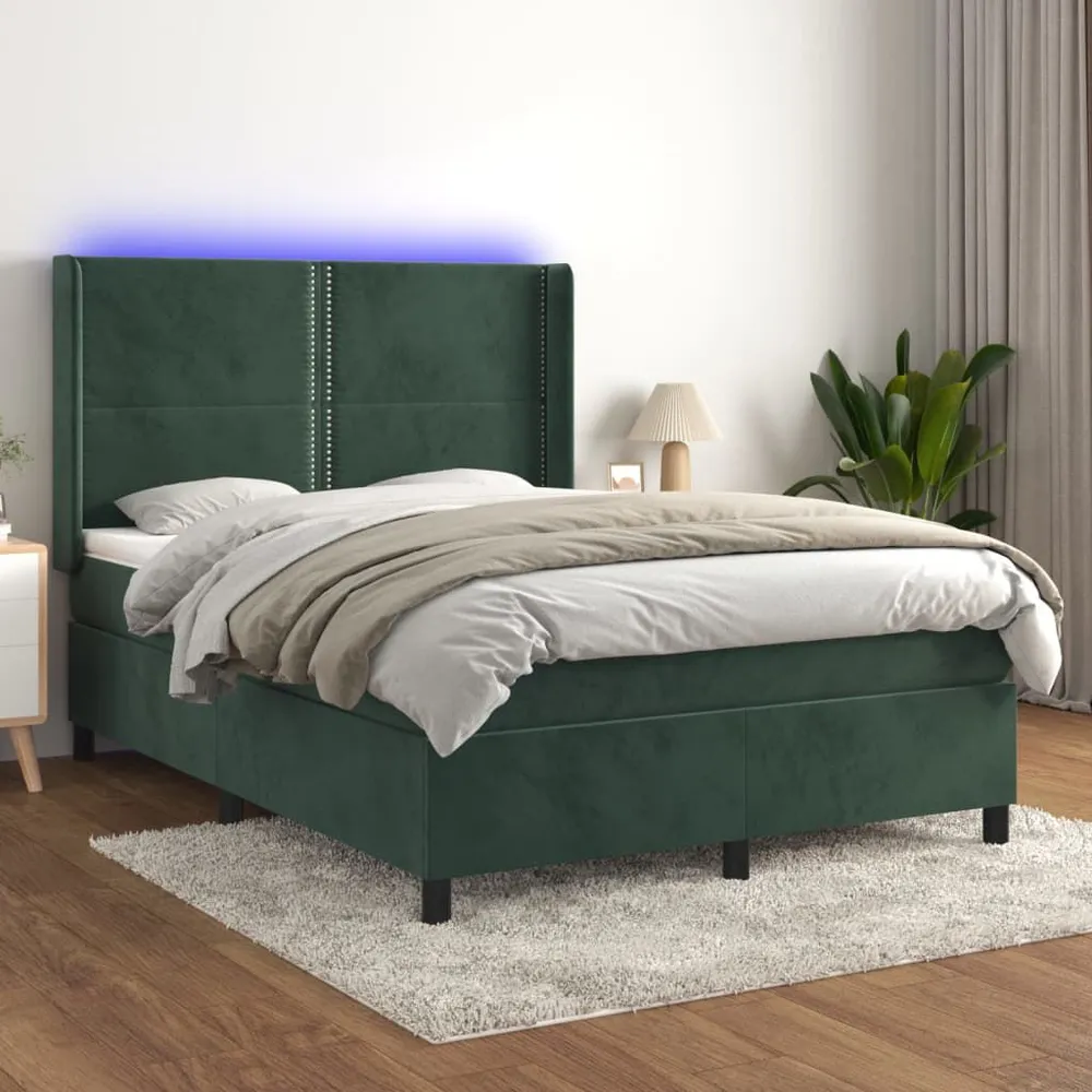 Cama box spring com colchão/LED 140x190 cm veludo verde-escuro