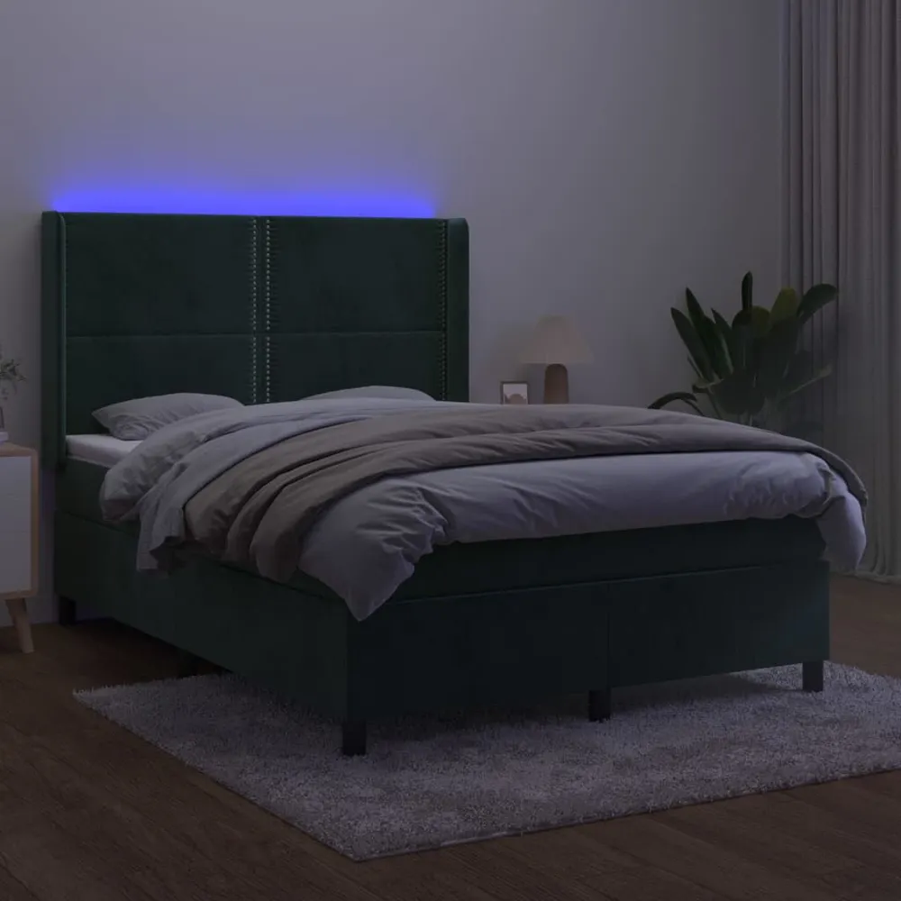 Cama box spring com colchão/LED 140x190 cm veludo verde-escuro