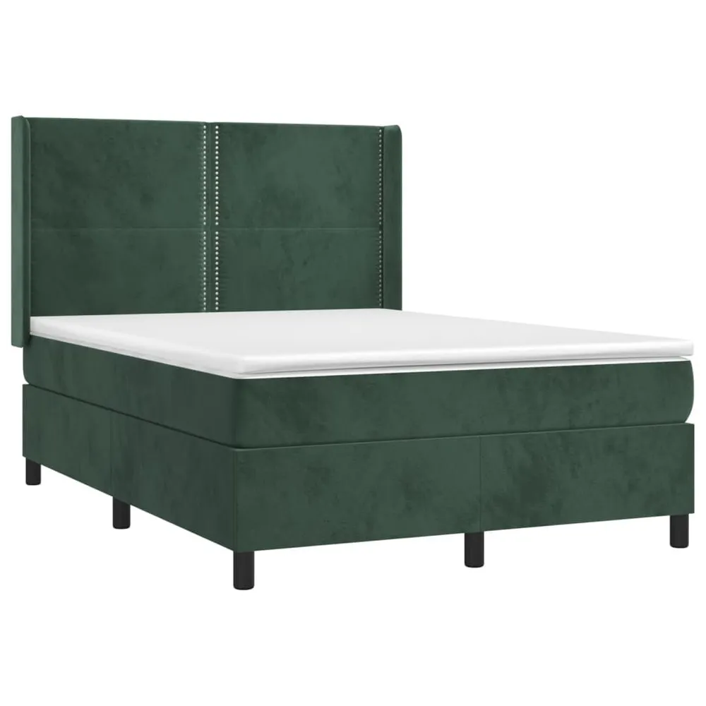 Cama box spring com colchão/LED 140x190 cm veludo verde-escuro