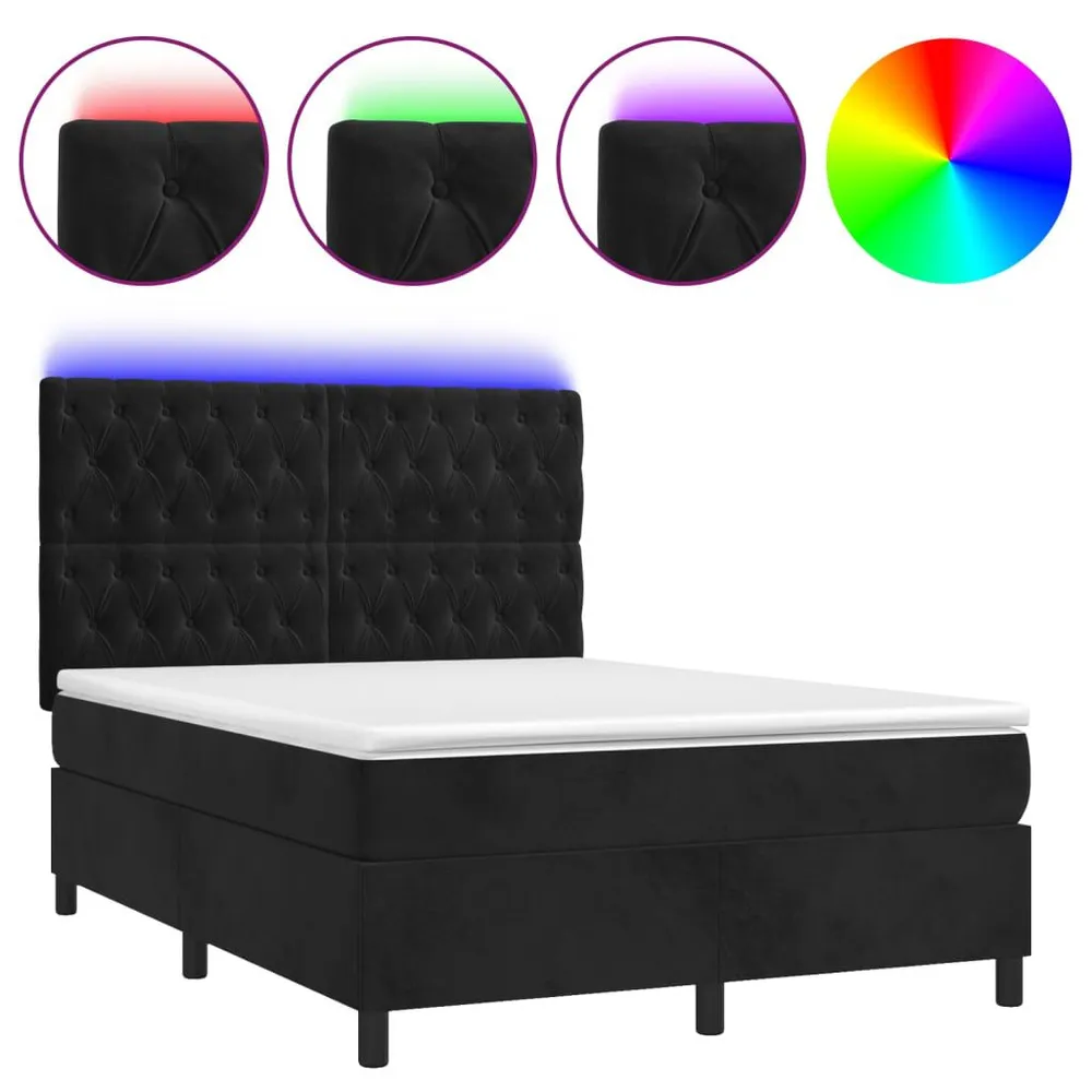 Cama box spring com colchão/LED 140x190 cm veludo preto