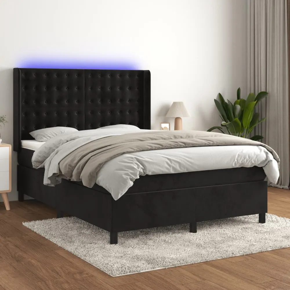 Cama box spring com colchão/LED 140x190 cm veludo preto