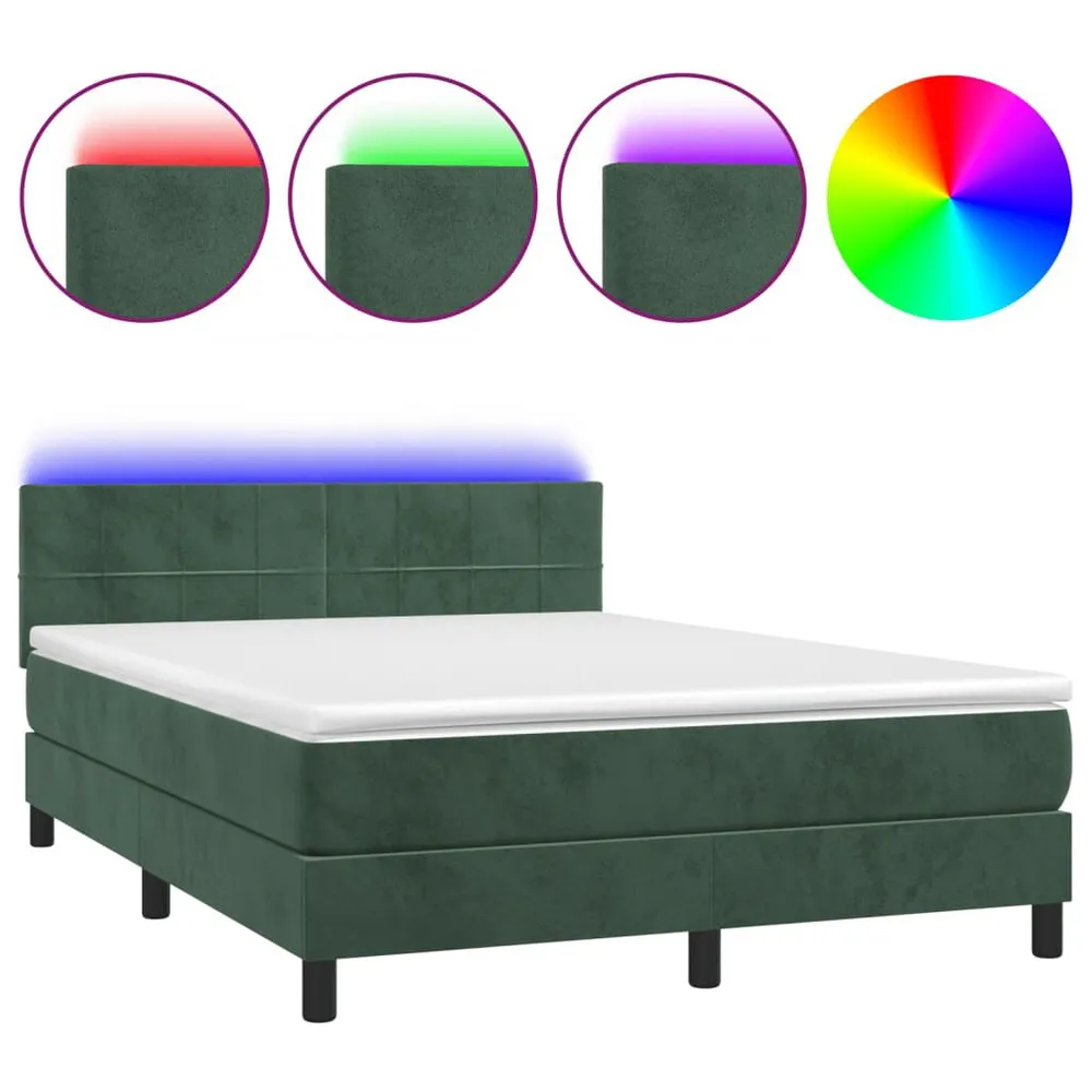 Cama box spring com colchão/LED 140x190 cm veludo verde-escuro