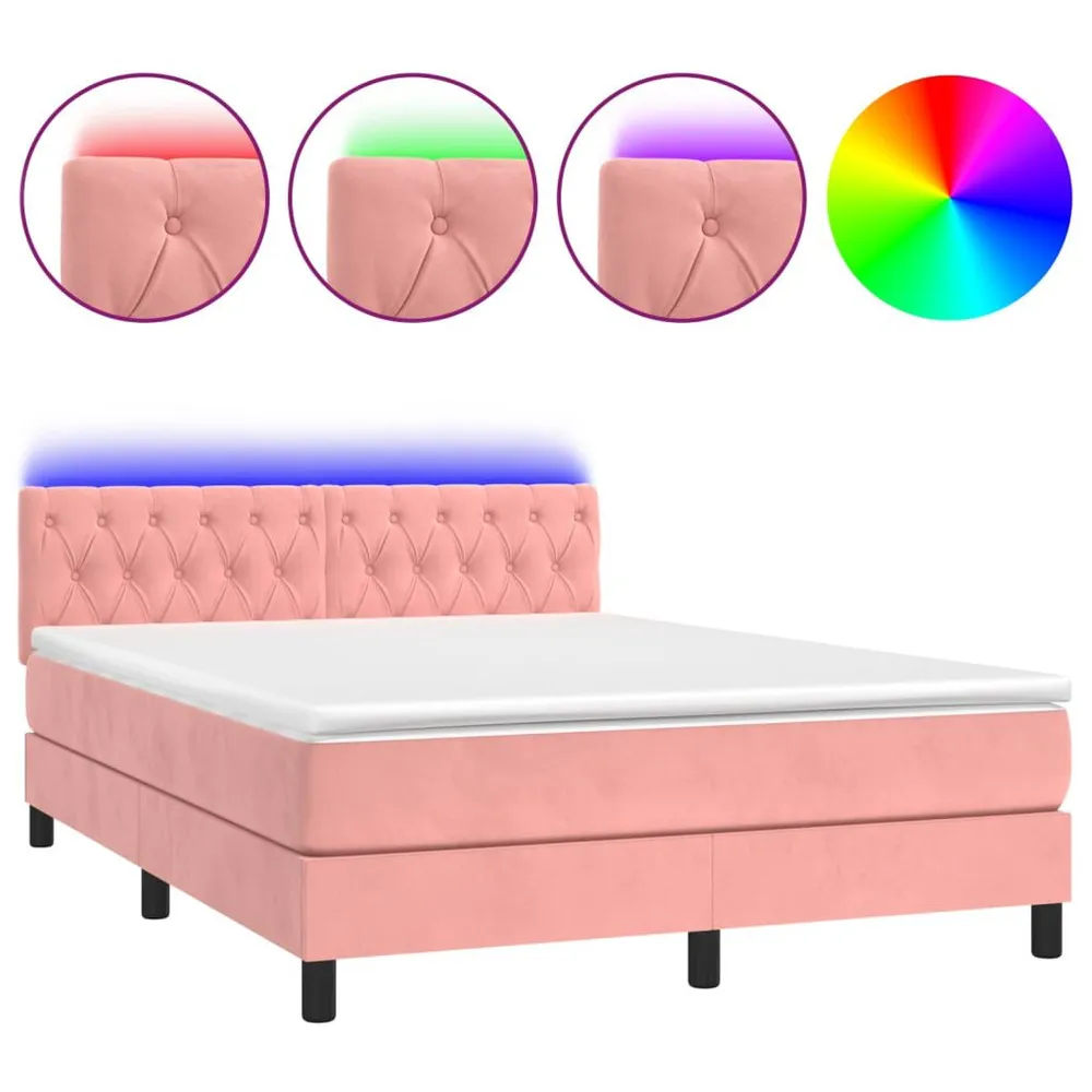 Cama box spring com colchão/LED 140x200 cm veludo rosa