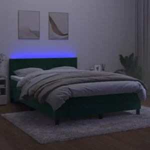 Cama box spring com colchão/LED 140x200 cm veludo verde-escuro