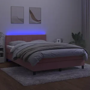 Cama box spring com colchão/LED 140x200 cm veludo rosa