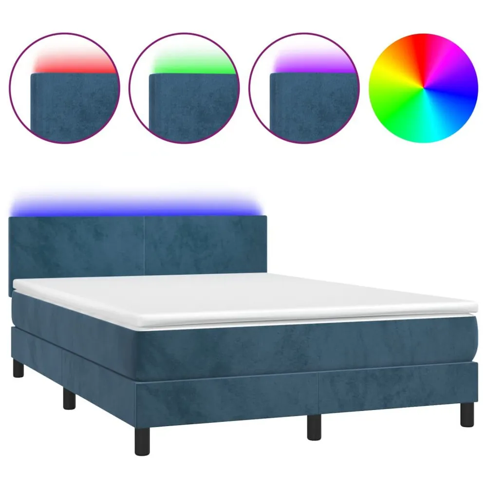 Cama box spring com colchão/LED 140x200 cm veludo azul-escuro