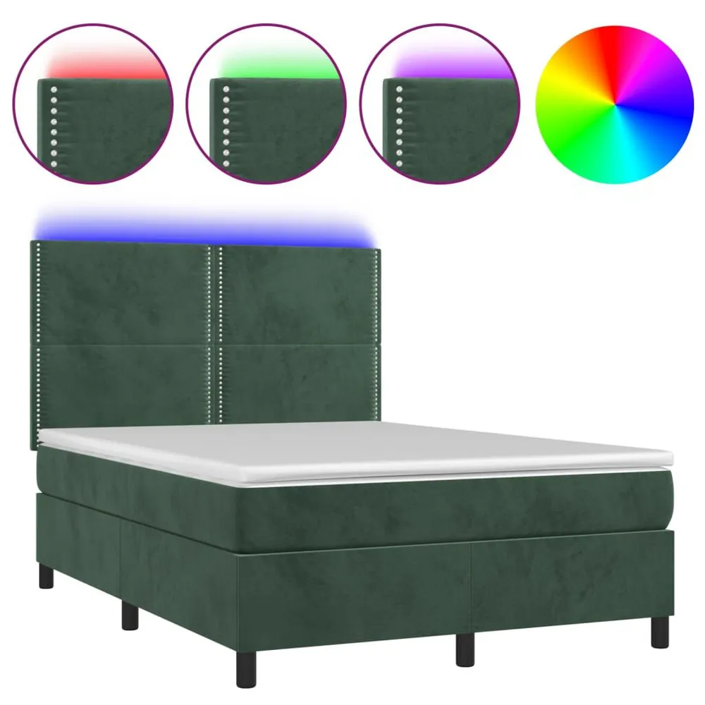 Cama box spring com colchão/LED 140x200 cm veludo verde-escuro