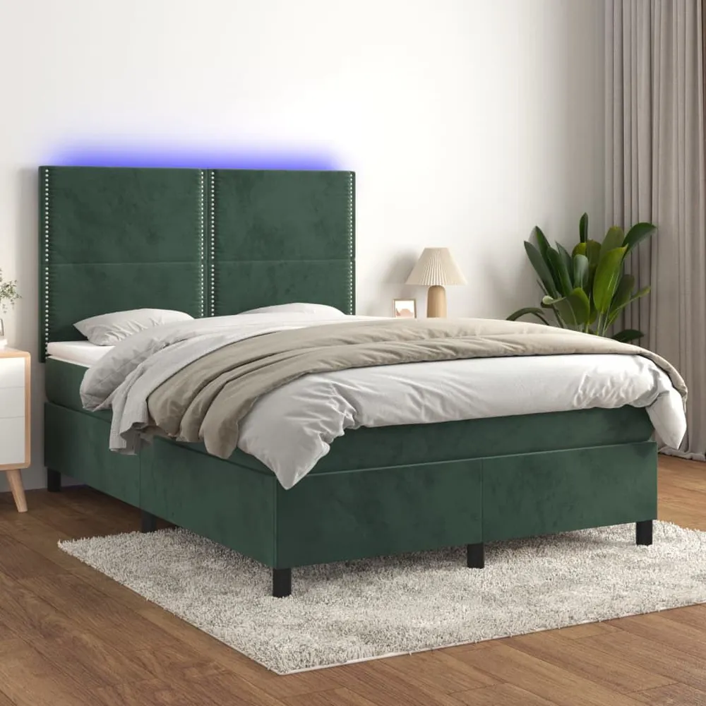 Cama box spring com colchão/LED 140x200 cm veludo verde-escuro