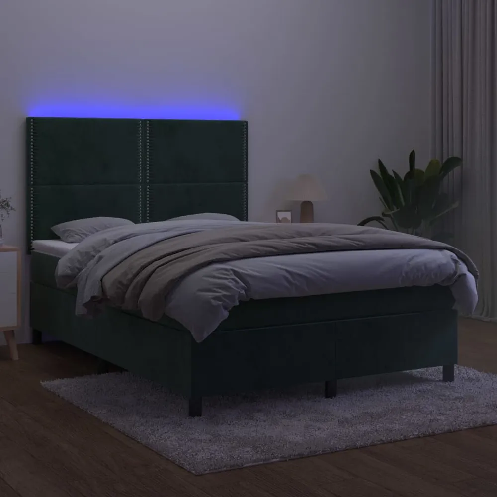 Cama box spring com colchão/LED 140x200 cm veludo verde-escuro
