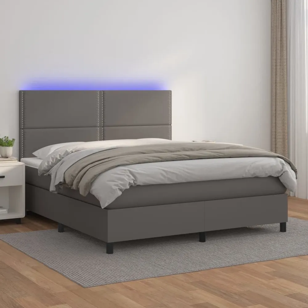 Cama box spring com colchão/LED 140x200cm couro artificial cinza