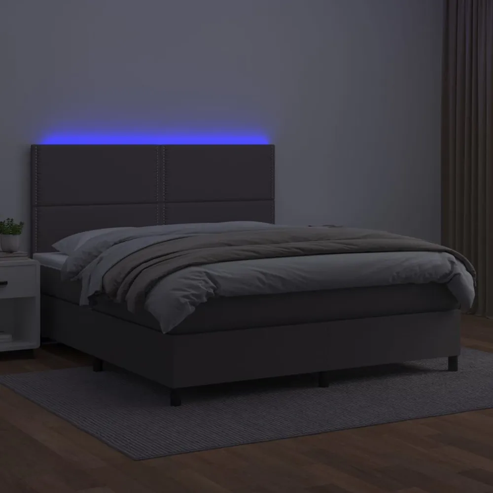 Cama box spring com colchão/LED 140x200cm couro artificial cinza