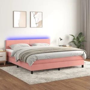 Cama box spring com colchão/LED 160x200 cm veludo rosa