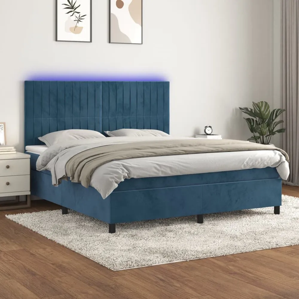 Cama box spring com colchão/LED 160x200 cm veludo azul-escuro