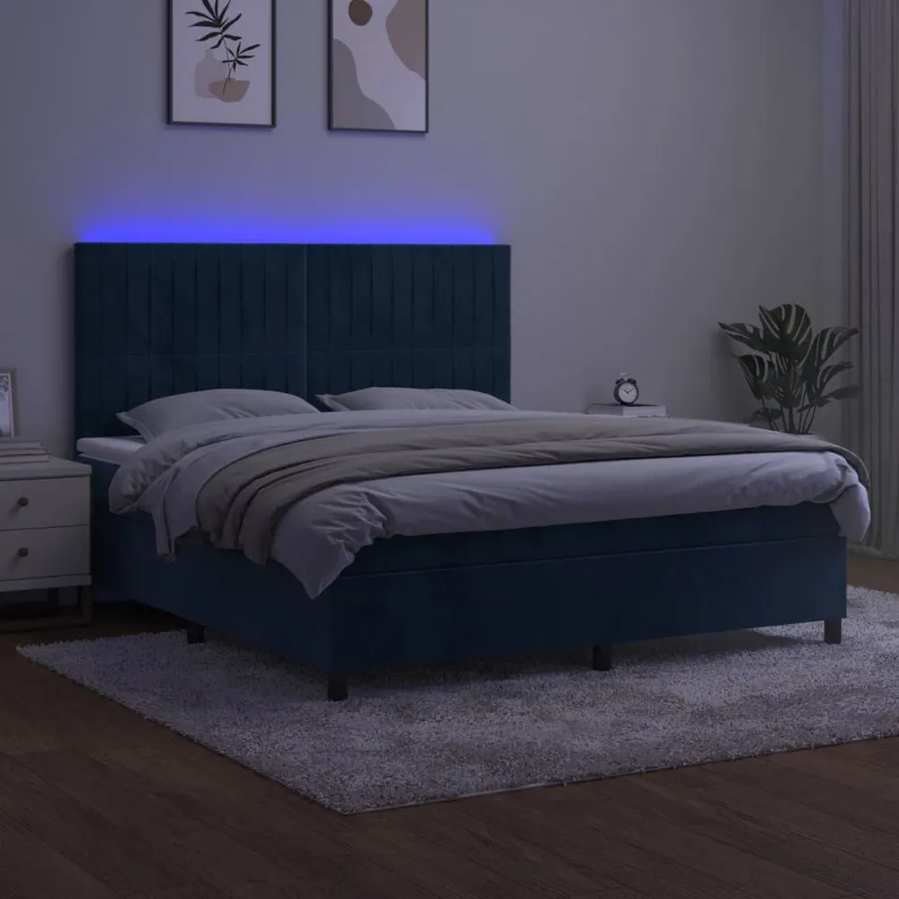 Cama box spring com colchão/LED 160x200 cm veludo azul-escuro