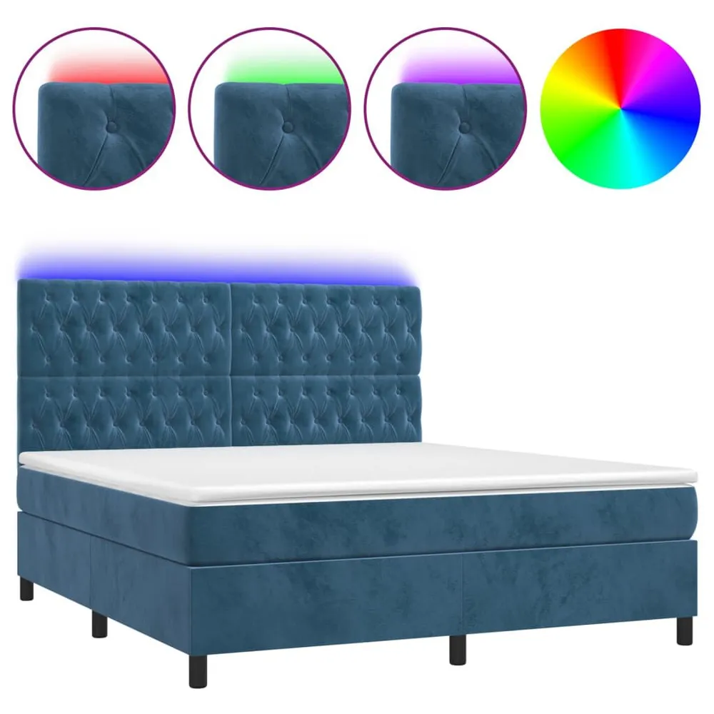 Cama box spring com colchão/LED 160x200 cm veludo azul-escuro
