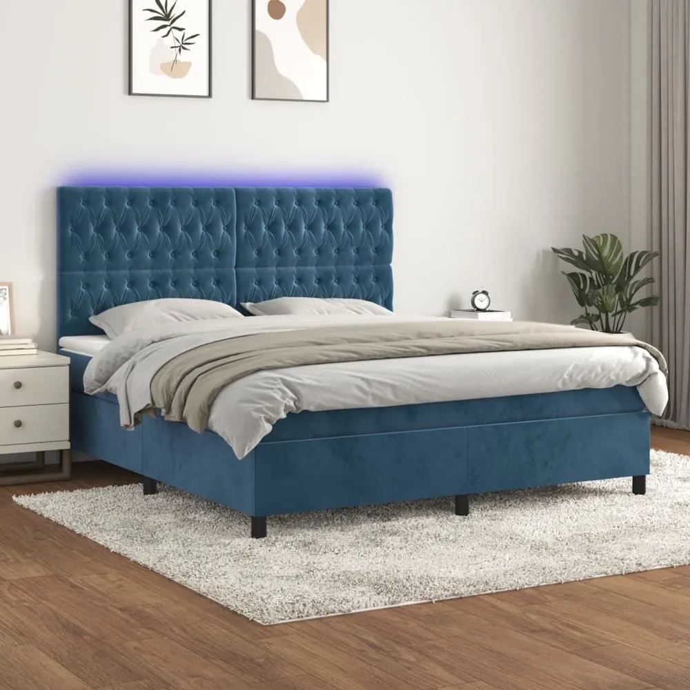 Cama box spring com colchão/LED 160x200 cm veludo azul-escuro