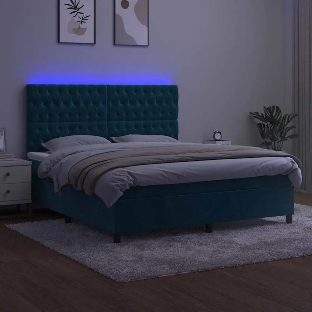 Cama box spring com colchão/LED 160x200 cm veludo azul-escuro