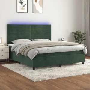 Cama box spring com colchão/LED 160x200 cm veludo verde-escuro