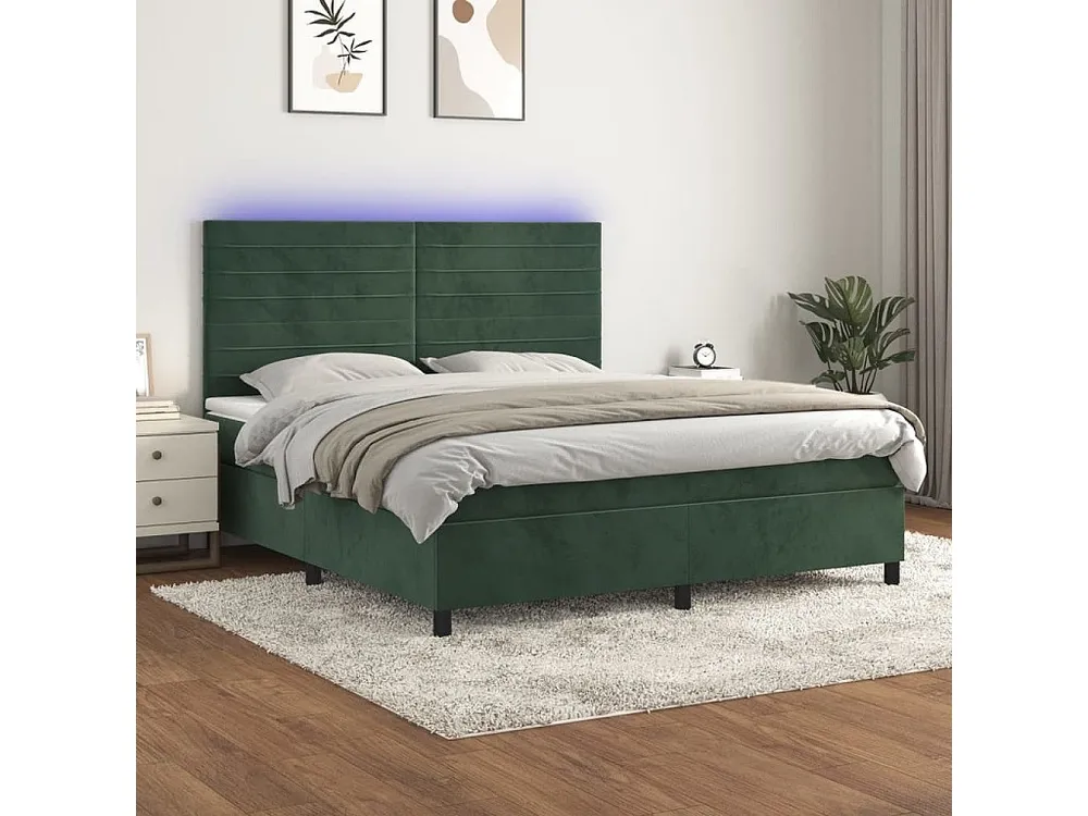 Cama box spring com colchão/LED 160x200 cm veludo verde-escuro