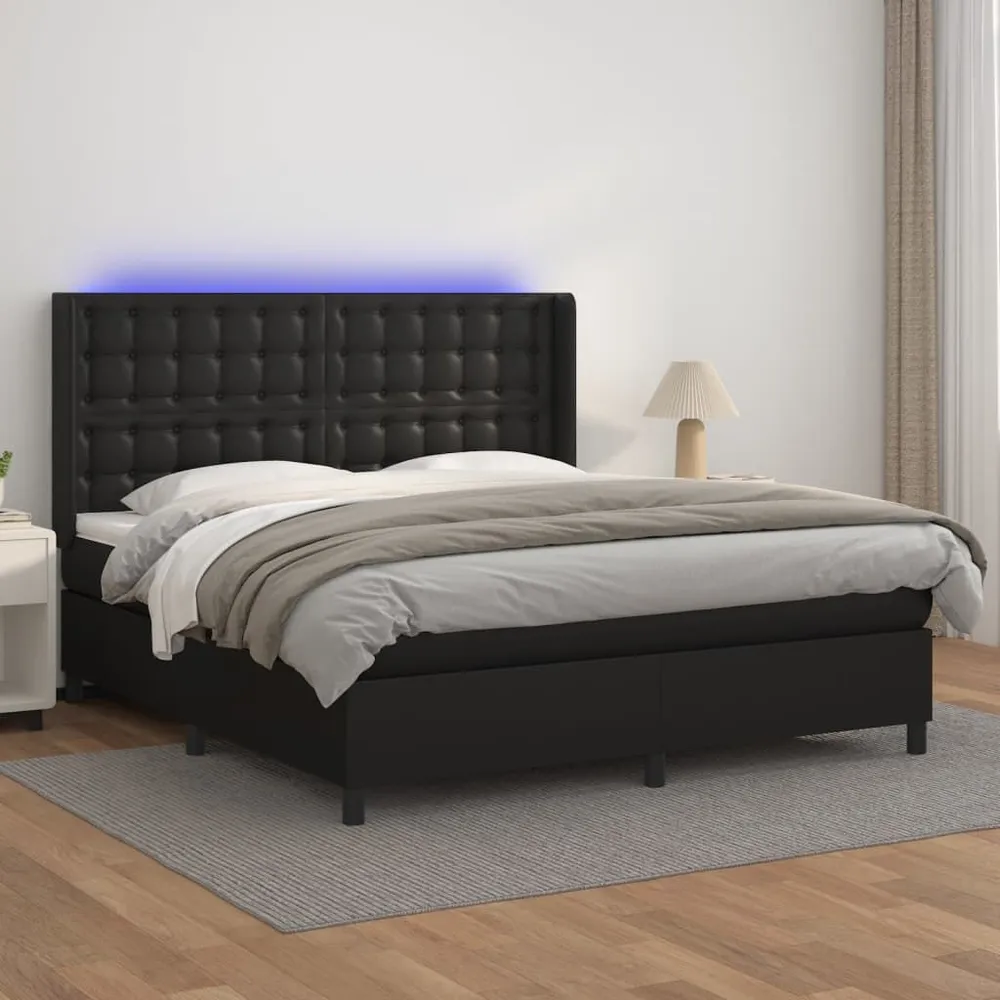 Cama box spring com colchão/LED 160x200cm couro artificial preto