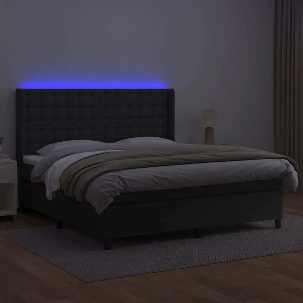 Cama box spring com colchão/LED 160x200cm couro artificial preto