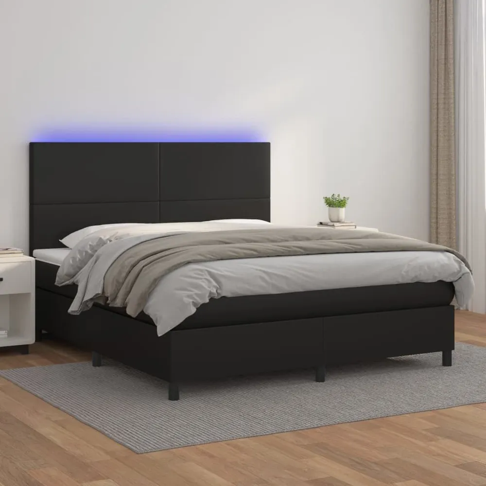 Cama box spring com colchão/LED 160x200cm couro artificial preto