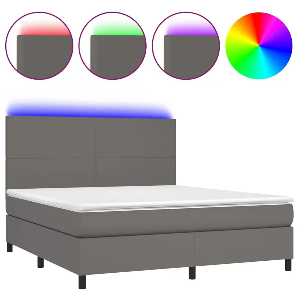 Cama box spring com colchão/LED 160x200cm couro artificial cinza
