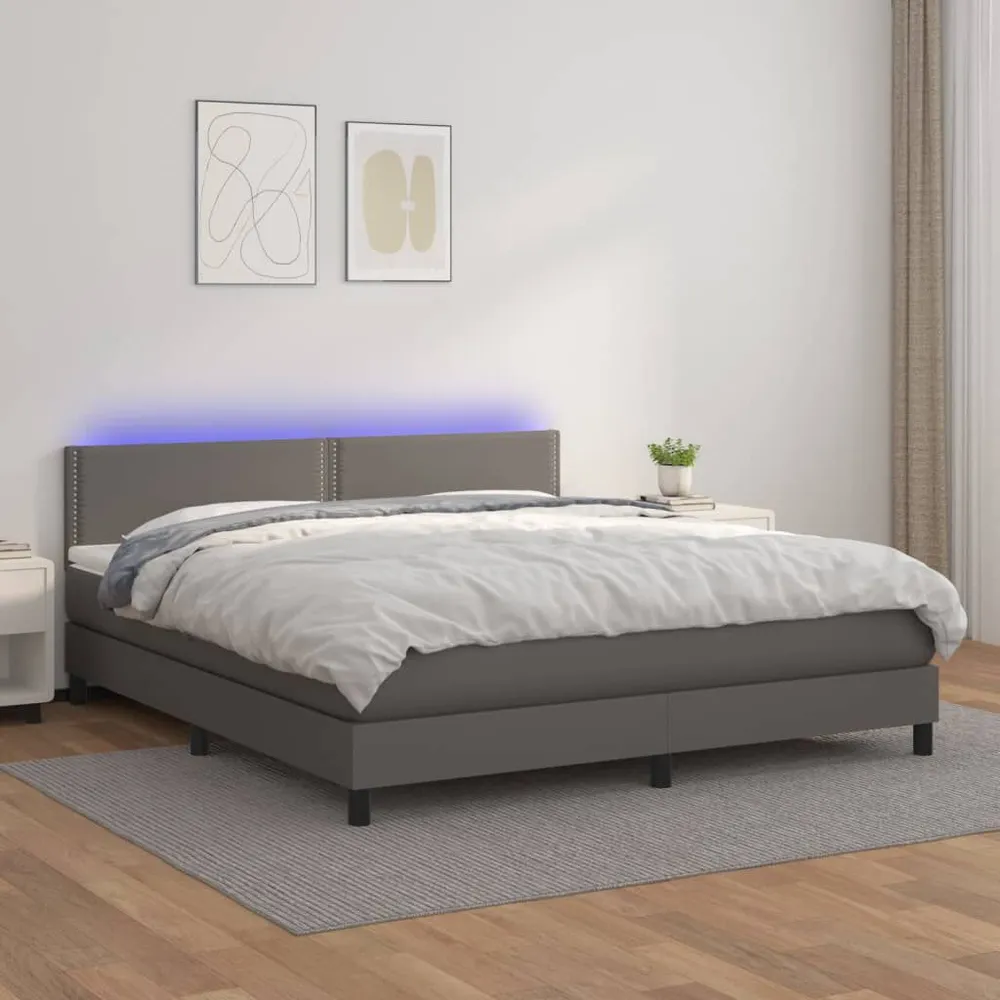 Cama box spring com colchão/LED 160x200cm couro artificial cinza