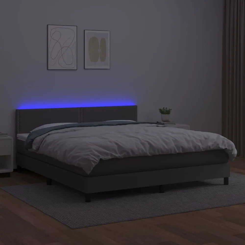 Cama box spring com colchão/LED 160x200cm couro artificial cinza