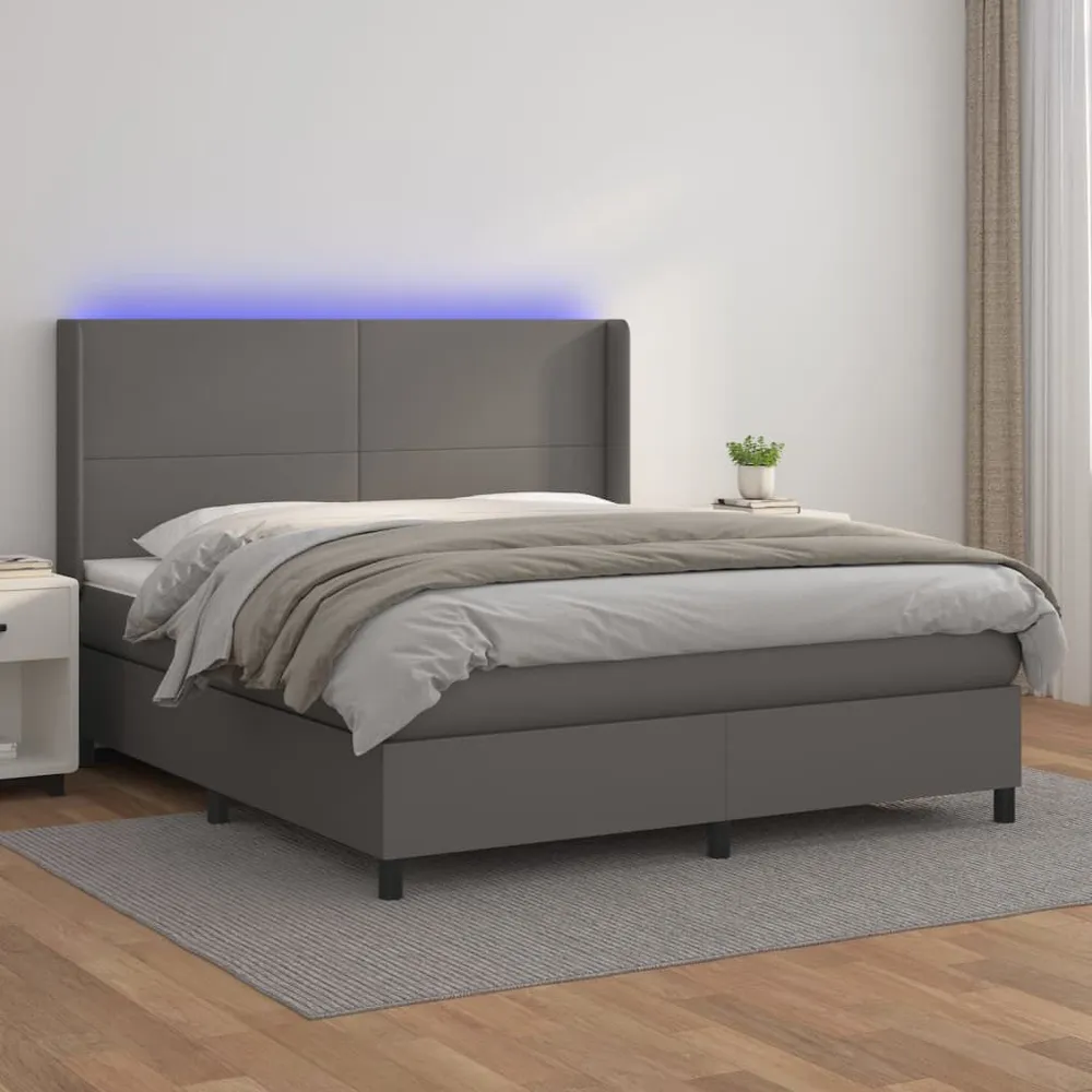 Cama box spring com colchão/LED 160x200cm couro artificial cinza
