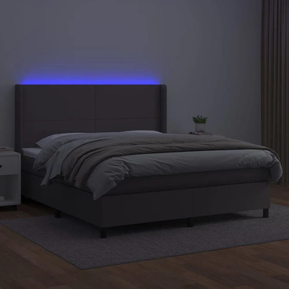 Cama box spring com colchão/LED 160x200cm couro artificial cinza