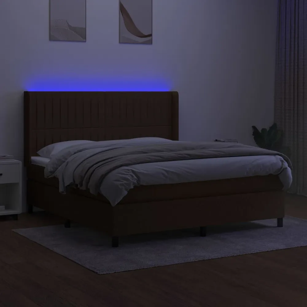 Cama box spring com colchão/LED 160x200cm tecido castanho-escuro