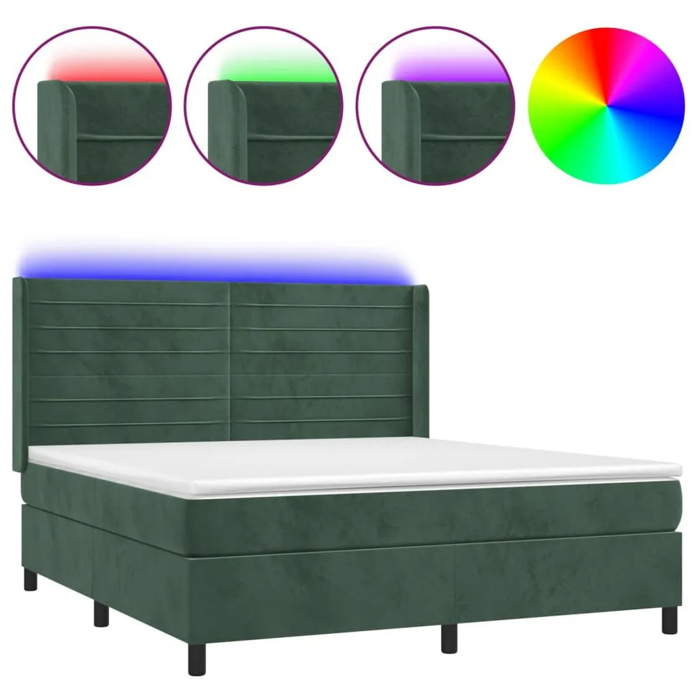 Cama box spring com colchão/LED 180x200 cm veludo verde-escuro