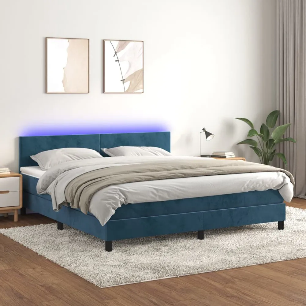 Cama box spring com colchão/LED 180x200 cm veludo azul-escuro