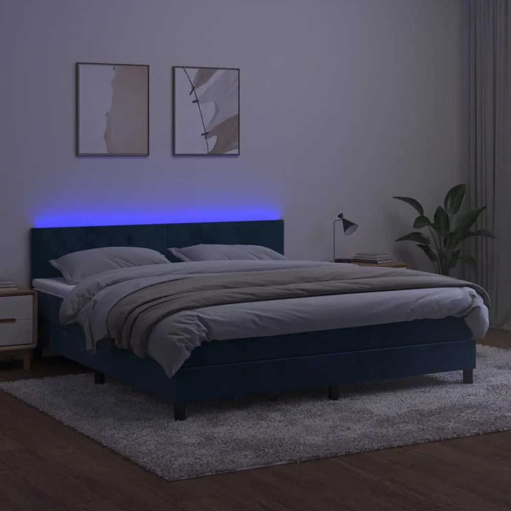 Cama box spring com colchão/LED 180x200 cm veludo azul-escuro