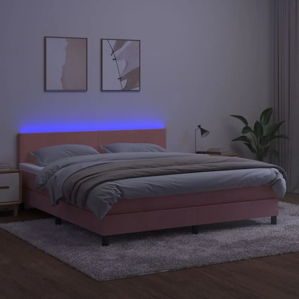Cama box spring com colchão/LED 180x200 cm veludo rosa