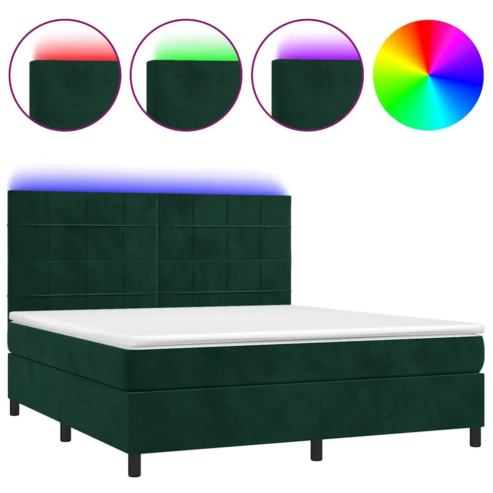 Cama box spring com colchão/LED 180x200 cm veludo verde-escuro