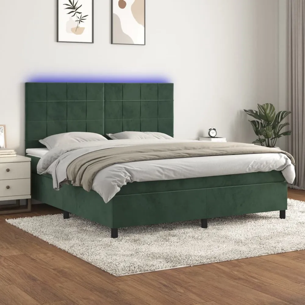 Cama box spring com colchão/LED 180x200 cm veludo verde-escuro
