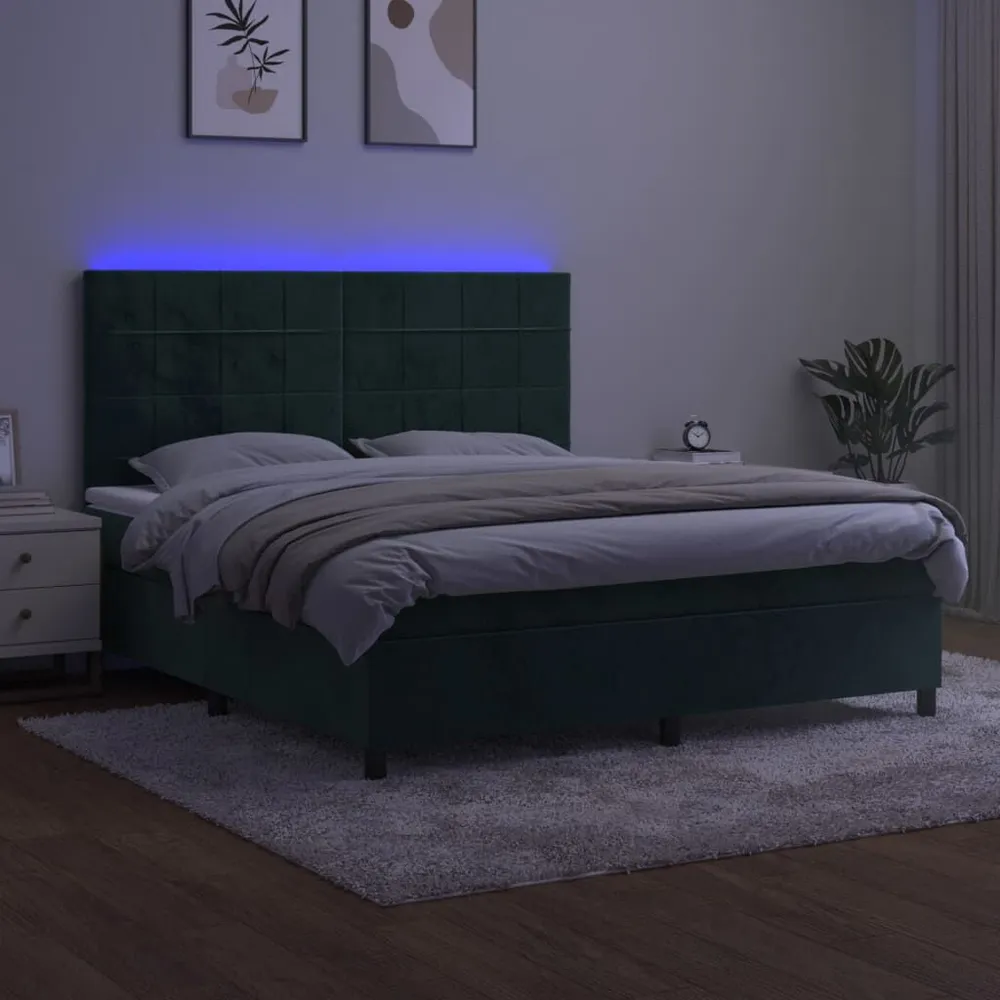 Cama box spring com colchão/LED 180x200 cm veludo verde-escuro