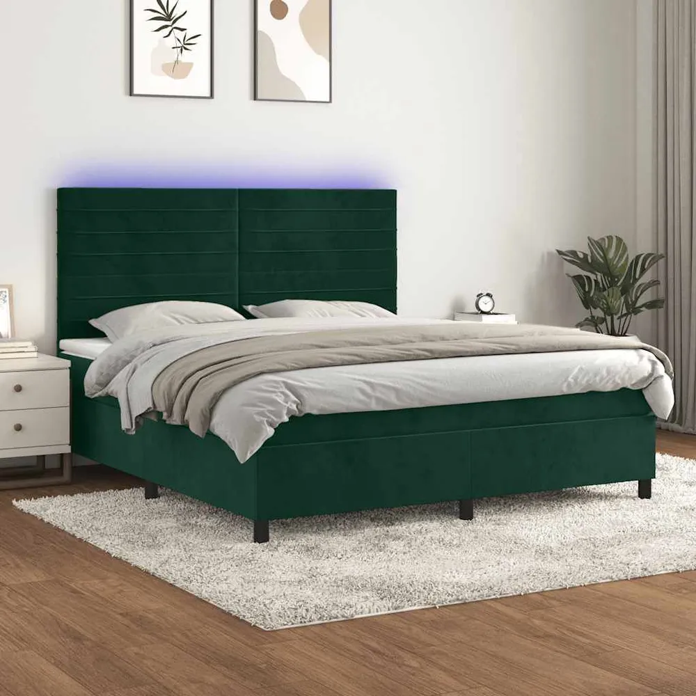 Cama box spring com colchão/LED 180x200 cm veludo verde-escuro